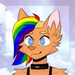  2019 anthro blue_eyes canid canine canis choker clothed clothing collar digideer_(artist) digital_media_(artwork) domestic_cat ear_piercing felid feline felis female fur hair hi_res looking_at_viewer mammal mia_dyke_(character) multicolored_hair piercing rainbow rainbow_hair simple_background smile solo wolf wolky 