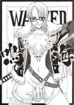  breasts cleavage collarbone fur_collar gem glasses greyscale jacket jewelry large_breasts looking_at_viewer matou middle_finger midriff monochrome nami_(one_piece) navel necklace one_piece open_clothes open_jacket pendant revealing_clothes solo standing stomach 