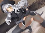  bed caren_hortensia fate/stay_night fate_(series) hat layered_sleeves no_panties pantyhose pussy see-through solo splush_wave thighhighs torn_clothes torn_legwear uncensored white_hair yellow_eyes 