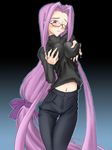  breasts casual covered_nipples fate/stay_night fate_(series) glasses grabbing lactation lactation_through_clothes large_breasts long_hair purple_eyes purple_hair rider solo very_long_hair 
