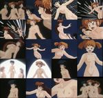  80s absurdres blue_eyes blue_hair breasts brown_hair flying highres long_hair medium_breasts midnight_anime_lemon_angel multiple_girls nipples nude oldschool orange_hair screencap twintails 