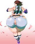  akr_(qpqpqp) anus ass boots breasts brown_eyes brown_hair censored elbow_gloves fat_mons gloves highres huge_ass huge_breasts kazama_asuka looking_back pointless_censoring pov pussy sideboob solo tekken thick_thighs thighs torn_clothes 