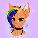  2018 anthro blue_eyes canid canine canis choker clothed clothing collar digital_media_(artwork) domestic_cat ear_piercing felid feline felis female fur hair hi_res looking_at_viewer mammal mia_dyke_(character) multicolored_hair piercing rainbow rainbow_hair samthelynx_(artist) simple_background smile solo wolf wolky 