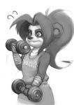  2019 anthro blizzard_entertainment clothed clothing cub dogyd dumbbell exercise female greyscale li_li_stormstout mammal monochrome pandaren simple_background ursid video_games warcraft weightlifting weights white_background workout young 