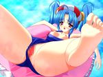  afloat aoi_yuuji barefoot blue_hair blush breasts breasts_outside casual_one-piece_swimsuit censored feet frills game_cg halterneck innertube legs_up medium_breasts mosaic_censoring nipples one-piece_swimsuit pool pov_feet puni_puni_handmaid pussy red_eyes soles solo spread_legs swimsuit swimsuit_aside twintails water 