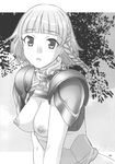  armor bangs blunt_bangs blush braid breasts cloud doujinshi embarrassed greyscale hair_ornament hairclip highres large_breasts leaf leaning_forward looking_at_viewer looking_back monochrome nipples no_bra non-web_source open_clothes open_shirt outdoors pauldrons perky_breasts profile puffy_nipples scan seolla_schweizer shirt short_hair shoumaru_(gadget_box) side_braid sky solo super_robot_wars tree turtleneck upper_body 