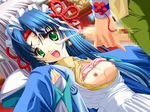  aoi_yuuji blue_hair bra bra_lift breasts censored cum earrings ejaculation facial game_cg green_eyes headband jewelry lingerie long_hair lying medium_breasts mosaic_censoring on_back open_clothes open_mouth open_shirt penis pink_bra puni_puni_handmaid rope shirt solo_focus underwear 