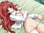  bed bra bra_lift game_cg green_eyes jpeg_artifacts kinmedai_pink lingerie lying no_pants open_clothes open_shirt panties panty_pull pink_bra pink_panties red_hair seduce_(eroge) shirt solo underwear 