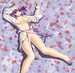  breasts fate/stay_night fate_(series) hiya japanese_clothes kimono large_breasts matou_sakura no_panties open_clothes open_robe purple_eyes purple_hair robe solo water wet wet_clothes 