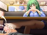  blush breasts brown_hair censored chin_rest couch crotch_seam cum feet footjob foreshortening glasses green_hair koi_q! large_breasts long_hair mosaic_censoring niizato_misaki panties panties_under_pantyhose pantyhose penis pov red_eyes table toes under_table underwear upskirt yuyi 