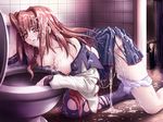  bow bow_panties brown_hair bukkake collapsed cum cum_on_clothes cum_on_hair cumdrip cumdump duplicate exhausted facial long_hair mindead_blood panties panties_around_one_leg red_eyes sakaki_yuuka school_uniform shiizaki_hinaki shirt_pull solo toilet torn_clothes underwear vampire white_panties 