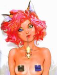  animal_ears cat_ears copyright_request heterochromia mouth_hold pink_hair red_hair solo terada_katsuya 