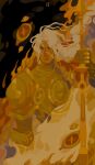  +_+ 1girl absurdres androgynous armor artist_name black_background braid braided_ponytail dark_skin disembodied_eye earrings extra_eyes fire frown full_armor gauntlets gold_armor gold_earrings highres holding holding_polearm holding_weapon jewelry knight looking_at_viewer mature_female original polearm roman_numeral scar scar_on_cheek scar_on_face single_braid smoke spear spearmintaii tarot tarot_(medium) the_chariot_(tarot) weapon white_hair yellow_eyes yellow_light yellow_theme 
