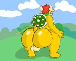  anthro backsack balls belly big_butt bowser bubble_butt butt chubby_male claws crouching field genitals glistening glistening_body hi_res horn huge_butt koopa male male/male mario_bros moobs nintendo outside presenting presenting_hindquarters public saggy_balls sanssketches16 scalie shell slightly_chubby small_tail solo thick_thighs turtle_shell video_games 