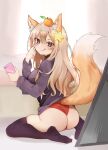  1girl :q absurdres animal_ear_fluff animal_ears annytf ass black_legwear black_sweater brown_eyes brown_hair cellphone extra_ears eyebrows_visible_through_hair food food_on_head fox_ears fox_girl fox_tail fruit fruit_on_head hair_between_eyes hair_ornament highres holding holding_phone indie_virtual_youtuber leotard leotard_under_clothes long_hair long_sleeves looking_at_viewer mirror object_on_head orange_(fruit) pencilanon phone red_leotard seiza sitting smartphone solo star_(symbol) star_hair_ornament sweater tail thighhighs tongue tongue_out 