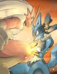  2021 anthro battle blaziken blue_body blue_eyes blue_fur duo eye_contact fire fur hi_res katkichi looking_at_another lucario male nintendo pok&eacute;mon pok&eacute;mon_(species) red_body red_eyes red_fur signature spikes spikes_(anatomy) teeth tuft video_games 