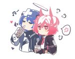  2girls =3 absurdres anger_vein arknights bandaid bandaid_on_head beamed_thirty-second_notes black_gloves black_jacket blue_hair bubble_tea closed_eyes crossed_bandaids cup detached_wings disposable_cup drinking energy_wings fiammetta_(arknights) gloves hair_between_eyes haobuguniao heart highres holding holding_cup jacket mostima_(arknights) multiple_girls musical_note necktie open_clothes open_jacket pink_hair red_eyes red_necktie shirt simple_background speech_bubble spoken_anger_vein v-shaped_eyebrows walkie-talkie white_background white_gloves white_shirt wings 