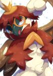  absurdres animal_focus arm_up bird commentary_request half-closed_eyes highres hisuian_decidueye open_mouth orange_eyes pokemon pokemon_(creature) red_pupils signature solo tanpakuroom white_background 