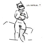  anonymous_artist anthro bedroom_eyes black_and_white breasts canid canine curvy_figure female fur hourglass_figure looking_at_viewer low_res mammal monochrome narrowed_eyes nude pubes seductive simple_background single_stocking sketch smile solo solo_focus tuft white_body white_fur 