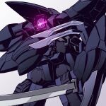  brady_phantom claws glowing head_tilt highres holding holding_sword holding_weapon kyoukai_senki looking_at_viewer mecha no_humans science_fiction solo sword visor voldox weapon white_background 