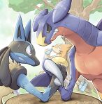  2021 angry anthro arm_wrestling being_watched beverage bodily_fluids bottle eye_contact floatzel fur garchomp group hi_res katkichi leaf looking_at_another lucario male nintendo plant pok&eacute;mon pok&eacute;mon_(species) red_eyes scalie signature sitting spikes spikes_(anatomy) sweat teeth tree tree_stump trio video_games yellow_eyes 