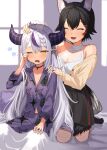  2girls :d animal_ear_fluff animal_ears animal_print bangs bare_shoulders bird_print black_choker black_hair black_skirt blush braid braided_bangs breasts brown_cardigan cardigan choker cleavage closed_eyes crow_(la+_darknesss) demon_horns grey_hair headpat highres hololive horns la+_darknesss large_breasts long_hair long_sleeves multicolored_hair multiple_girls on_bed ookami_mio open_cardigan open_clothes open_mouth pants pointy_ears purple_hair purple_pants purple_shirt red_hair rubbing_eyes see-through shirt sitting sitting_on_bed skirt sleeveless sleeveless_shirt small_breasts smile streaked_hair tail uuroncha very_long_hair virtual_youtuber white_shirt wolf_ears wolf_girl wolf_tail yellow_eyes 