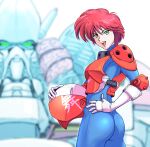  1girl armor ass bb9_megadrive blurry blurry_background bodysuit buchi_holes commentary commentary_request ellinor_weisen game_console green_eyes headwear_removed helmet helmet_removed looking_back mecha musha_(mecha) musha_aleste open_mouth pilot pilot_suit red_hair science_fiction sega_mega_drive shirow_masamune_(style) short_hair 