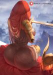  1girl araneesama ass back bare_shoulders blurry blurry_background breasts dress elden_ring gold_armor headwear_removed helmet helmet_removed highres large_breasts long_hair malenia_blade_of_miquella prosthesis prosthetic_arm red_hair sitting solo sword thighs very_long_hair weapon 