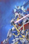  beam_saber blue_background green_eyes gundam gundam_zz hashtag-only_commentary highres holding holding_sword holding_weapon looking_at_viewer mecha mecha_focus mobile_suit mobile_suit_gundam nakamura_jun&#039;ichi no_humans robot rx-78-2 science_fiction shield signature sword v-fin v2_assault-buster_gundam victory_gundam weapon yellow_eyes zeta_gundam zeta_gundam_(mobile_suit) zz_gundam 