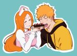  1boy 1girl bleach cake closed_eyes couple eating fitstarrysky food hat hetero highres holding holding_food hood hoodie inoue_orihime kurosaki_ichigo long_hair long_sleeves open_mouth orange_hair shirt short_hair spiked_hair swiss_roll teeth uniform upper_body white_shirt 