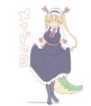  1girl ascot blonde_hair closed_eyes clothes_lift cool-kyou_shinja dragon_girl dragon_horns dragon_tail elbow_gloves gloves gradient_hair horns horns_through_headwear kobayashi-san_chi_no_maidragon large_tail long_hair maid maid_headdress multicolored_hair orange_hair puffy_short_sleeves puffy_sleeves scales short_sleeves skirt skirt_lift smile solo tail tohru_(maidragon) white_gloves 