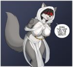  2022 alina_(raydis) anthro areola arm_markings arm_tattoo big_breasts black_hair black_nose blind blindfold bottomwear breasts canid canine canis clothed clothing dialogue digital_media_(artwork) english_text fangs female fur grey_body grey_fur hair hand_behind_back hexteknik hood loincloth mammal markings multicolored_body multicolored_fur nipples open_mouth open_smile priest skimpy smile solo speech_bubble tattoo teeth text translucent translucent_clothing two_tone_body two_tone_fur white_body white_fur wolf 