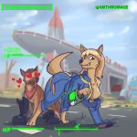  &lt;3 &lt;3_eyes anthromage bethesda_softworks busty_feral canid canine canis clothing dogmeat domestic_dog duo fallout female feral hi_res human_to_feral male mammal outside pip-boy species_transformation torn_clothing transformation vault_suit video_games 