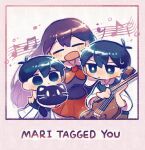 2boys black_hair blush bow_(music) cat closed_mouth holding holding_instrument instrument long_hair looking_at_viewer mari_(omori) multiple_boys musical_note omori open_mouth short_hair smile staff_(music) sunny_(omori) violin wakame_(vhai26uhykmqb9k) 