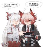  2girls :d arknights ashstraw black_coat black_gloves blush chinese_text closed_eyes coat collared_shirt crossover cup drunk feather_hair fiammetta_(arknights) fujiwara_no_mokou gloves gradient_hair grey_hair hand_on_another&#039;s_shoulder highres holding holding_cup holding_tablet_pc long_hair long_sleeves multicolored_hair multiple_girls necktie open_clothes open_coat open_mouth pants ponytail red_eyes red_hair red_necktie red_pants shirt simple_background smile speech_bubble suspenders tablet_pc touhou translation_request very_long_hair white_background white_hair white_shirt 