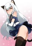  1girl absurdres alternate_costume animal_ear_fluff animal_ears ass bangs bare_shoulders black_legwear blue_dress blush breasts brown_eyes cat_ears cat_tail dress enmaided fairy_knight_lancelot_(fate) fake_animal_ears fate/grand_order fate_(series) forked_eyebrows frills highres long_hair looking_at_viewer maid mikayu_1 sidelocks small_breasts solo tail thighhighs thighs tray white_hair 