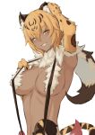  1girl animal_ear_fluff animal_ears animal_hands arm_up armpits bangs bell_orgel blonde_hair breasts commentary dark-skinned_female dark_skin eyebrows_visible_through_hair eyes_visible_through_hair fur fur_collar hair_between_eyes hand_on_own_head highres large_breasts light_blush looking_at_viewer monster_girl monster_girl_encyclopedia naughty_face ocelomeh_(monster_girl_encyclopedia) ocelot_print parted_lips short_hair simple_background slit_pupils smile solo tail upper_body white_background yellow_eyes 