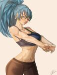  1girl abs bangs blue_eyes blue_hair breasts cleavage earrings gelldraws highres jewelry large_breasts leona_heidern long_hair looking_at_viewer midriff muscular muscular_female navel pants ponytail simple_background solo sweat tank_top the_king_of_fighters 