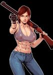  1girl abs areolae black_background blood blood_on_face blue_pants breasts brown_hair cirenk cleavage collarbone commission covered_nipples denim dual_wielding ellie_(the_last_of_us) english_commentary finger_on_trigger fingernails green_eyes grey_sports_bra gun handgun highleg highleg_panties highres holding holding_gun holding_weapon injury jeans large_breasts lips medium_hair midriff navel nipples no_shirt nose older outline over_shoulder panties pants pistol red_panties revolver second-party_source see-through solo sports_bra the_last_of_us the_last_of_us_2 underwear weapon weapon_over_shoulder white_outline 