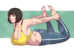  1girl absurdres ankle_grab ass barefoot black_hair bob_cut breasts butt_crack character_request cirenk cleavage commission copyright_request downblouse eyeshadow fingernails flexible full_body grey_eyes grey_pants highres huge_breasts lips lying makeup midriff on_stomach pants short_hair soles solo sports_bra sweat toes toned yellow_sports_bra yoga yoga_pants 