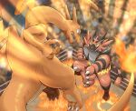  2021 3_toes 5_fingers anthro audience battle being_watched blue_eyes charizard claws duo_focus feet fighting_ring fingers fire fur green_eyes group hi_res incineroar katkichi looking_at_another male membrane_(anatomy) membranous_wings nintendo open_mouth orange_body pok&eacute;mon pok&eacute;mon_(species) red_body red_fur signature toe_claws toes video_games wings 