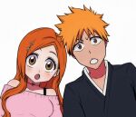  1boy 1girl bleach blush bra_strap brown_eyes choker fitstarrysky hair_ornament hairpin heart heart_choker inoue_orihime japanese_clothes kurosaki_ichigo long_sleeves looking_at_viewer open_mouth orange_hair pink_sweater sidelocks spiked_hair sweater white_background 