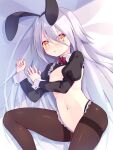  1girl :o animal_ears bed_sheet black_hairband blush bow bowtie breasts brown_eyes brown_pantyhose commentary_request eyes_visible_through_hair feet_out_of_frame frills grey_hair hair_between_eyes hairband highres hoshizora_no_memoria juliet_sleeves long_hair long_sleeves looking_at_viewer lying mare_s._ephemeral meme_attire navel nose_blush on_side pantyhose parted_lips puffy_sleeves rabbit_ears red_bow red_bowtie reverse_bunnysuit reverse_outfit shrug_(clothing) small_breasts solo thighband_pantyhose very_long_hair yuku_(kiollion) 