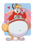  anthro belly big_belly bottom_heavy bottomless bottomless_male canid canine chubby_belly chubby_cheeks clothed clothing dessert doughnut fluffy fluffy_tail food fox fox_tail fur hi_res hoodie kitsunezero kitsunezero_(character) male mammal navel orange_body orange_fur overweight overweight_anthro overweight_male pink_nose simple_background smile solo tongue tongue_out topwear white_body white_fur wide_hips 
