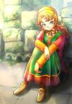  1girl blue_eyes chinyan closed_mouth collarbone colorized curly_hair dragon_quest dragon_quest_vii dress full_body highres hood jewelry long_hair looking_at_viewer maribel_(dq7) red_hair ring smile solo wandaisuki 
