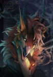  2022 cigar digital_media_(artwork) dragon fur furred_dragon hair headshot_portrait horn portrait ravoilie smile smoking yellow_eyes 