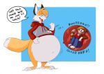  anthro belly big_belly bottom_heavy bottomless bottomless_male canid canine clothed clothing dialogue duo felid feline fluffy fluffy_tail fox fox_tail fur hoodie internal kitsunezero kitsunezero_(character) male male/male male_pred male_prey mammal navel onomatopoeia oral_vore orange_body orange_fur overweight overweight_anthro overweight_male patting_belly pink_nose rumbling_stomach simple_background smile soft_vore sound_effects teasing text topwear vore white_body white_fur 