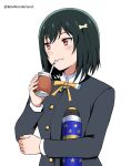  absurdres angel_gabriel. bangs black_jacket blazer blush bow buttons closed_mouth drinking drinking_straw english_commentary eyebrows eyelashes fang green_hair hair_ribbon hand_up highres holding_mate holding_thermos jacket long_sleeves looking_away love_live! love_live!_nijigasaki_high_school_idol_club mate mifune_shioriko neck_ribbon nijigasaki_academy_school_uniform red_eyes ribbon school_uniform shirt short_hair solo thermos white_shirt wing_collar yellow_bow yellow_ribbon 