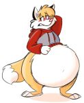  anthro belly big_belly blush bottom_heavy bottomless bottomless_male canid canine clenched_teeth clothed clothing embarrassed fluffy fluffy_tail fox fox_tail fur hand_behind_head hand_on_stomach hoodie kitsunezero kitsunezero_(character) looking_aside male mammal navel orange_body orange_fur overweight overweight_anthro overweight_male pear-shaped_figure solo teeth topwear white_body white_fur wide_hips 