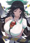  1girl arm_under_breasts black_hair blurry blurry_background blush bow breasts hair_bow highres huge_breasts long_hair looking_at_viewer puffy_short_sleeves puffy_sleeves reiuji_utsuho shirt short_sleeves skirt solo teasmacker touhou upper_body weapon white_shirt wings 